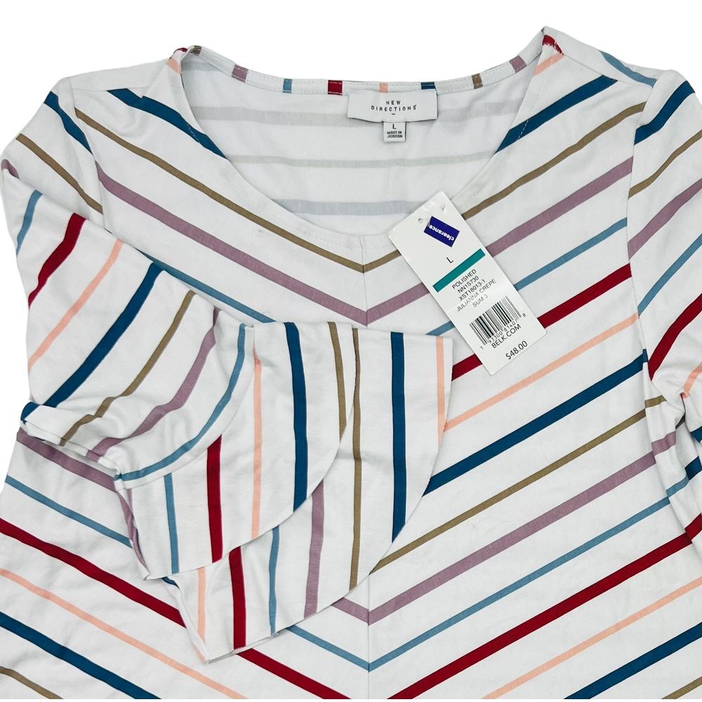 New Direction NWT Polished Julianna Crepe Blouse‎ Top Qtr Ruffle Sleeve Striped